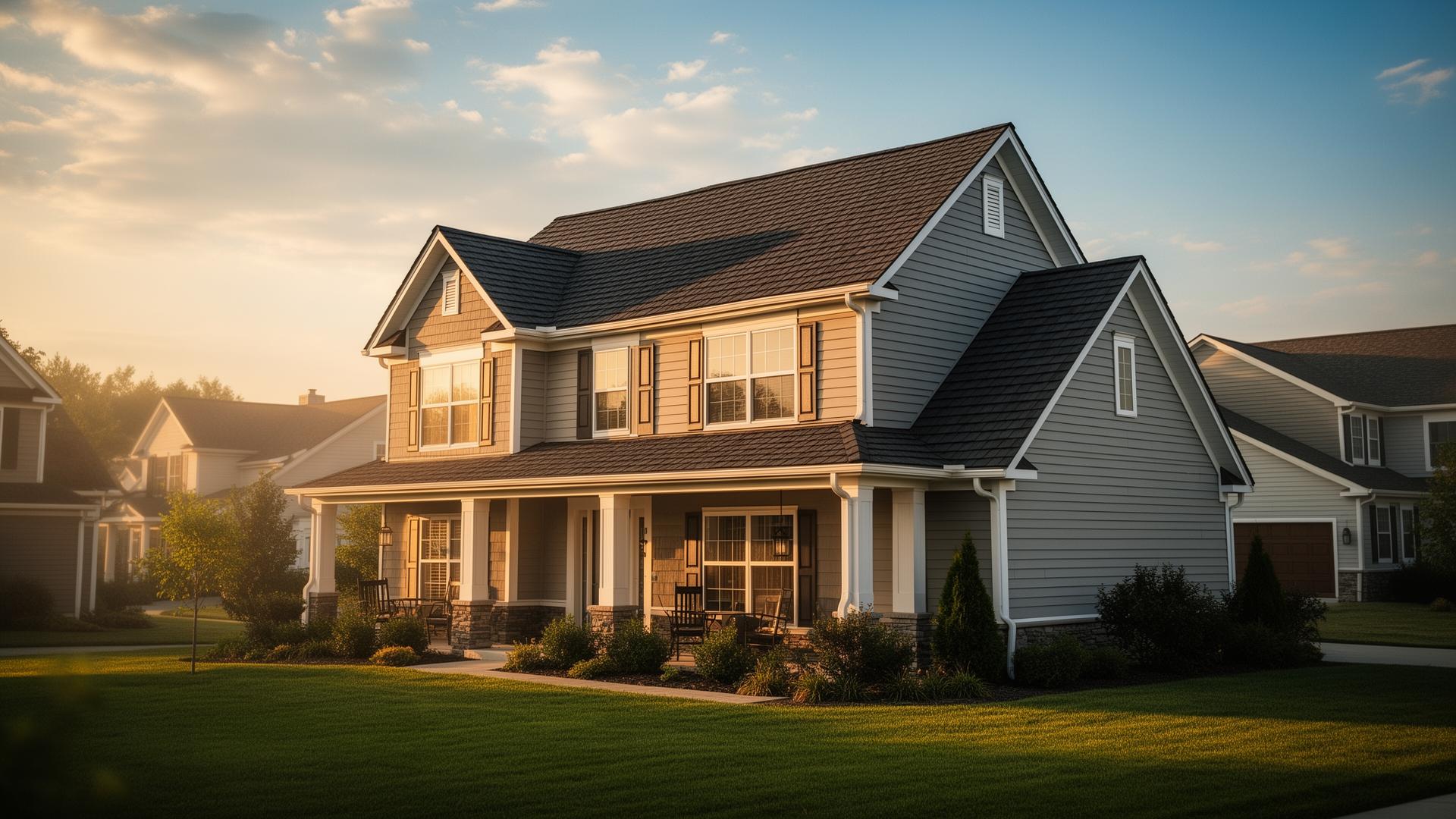 American suburban home with new roof at golden hour